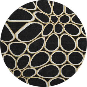 HomeRoots 8' Modern Black, Ivory & Gold Geometric Washable Round Rug with UV Protection & Non-Slip Backing 681668