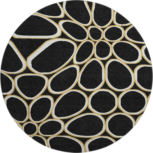 HomeRoots 8' Modern Black, Ivory & Gold Geometric Washable Round Rug with UV Protection & Non-Slip Backing 681668
