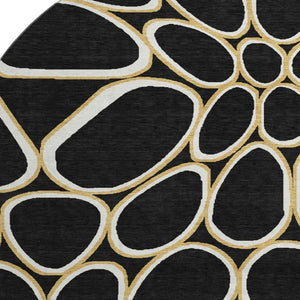 HomeRoots 8' Modern Black, Ivory & Gold Geometric Washable Round Rug with UV Protection & Non-Slip Backing 681668