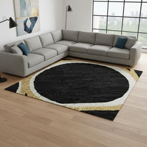 HomeRoots 8' X 10' Stylish Black Ivory Gold Geometric Washable Area Rug with UV Protection for Homes 681669