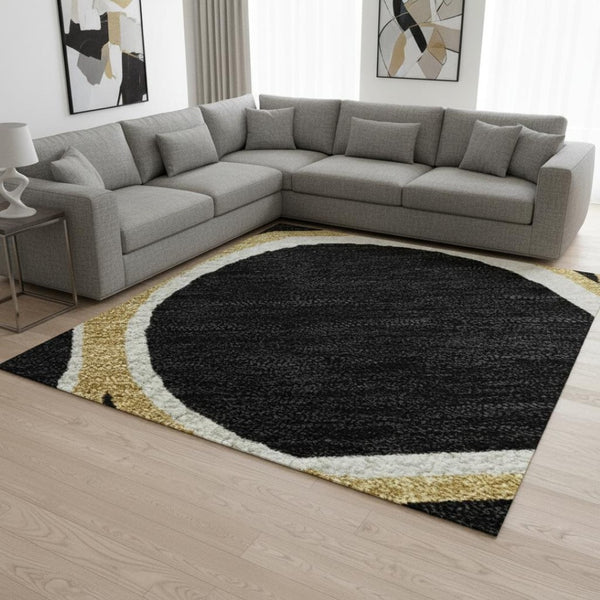 HomeRoots 9' X 12' Modern Black Ivory Gold Geometric Area Rug - Washable, UV Protected & Stain-Resistant Design 681670