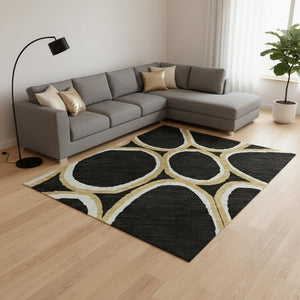 HomeRoots 10' X 14' Black Ivory Gold Geometric Washable Area Rug - Stylish, Durable, UV-Protected for Any Space 681671