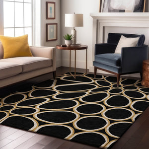 HomeRoots 10' X 14' Black Ivory Gold Geometric Washable Area Rug - Stylish, Durable, UV-Protected for Any Space 681671