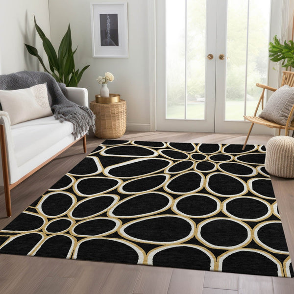 HomeRoots 10' X 14' Black Ivory Gold Geometric Washable Area Rug - Stylish, Durable, UV-Protected for Any Space 681671