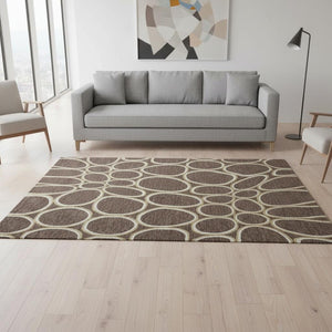 HomeRoots 5' X 8' Brown, Ivory & Gold Geometric Washable Area Rug – Durable, Stain-Resistant & UV Protected! 681673