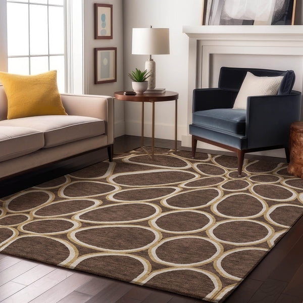 HomeRoots 5' X 8' Brown, Ivory & Gold Geometric Washable Area Rug – Durable, Stain-Resistant & UV Protected! 681673