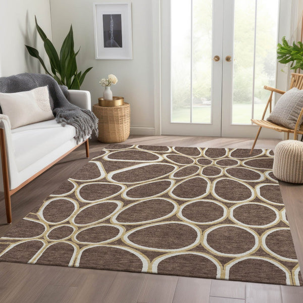 HomeRoots 5' X 8' Brown, Ivory & Gold Geometric Washable Area Rug – Durable, Stain-Resistant & UV Protected! 681673