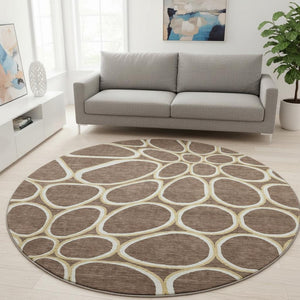 HomeRoots 8' Brown Ivory Gold Geometric Round Rug - Washable, Durable, UV Protected for High-Traffic Areas 681674