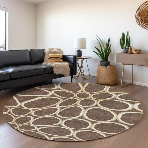 HomeRoots 8' Brown Ivory Gold Geometric Round Rug - Washable, Durable, UV Protected for High-Traffic Areas 681674
