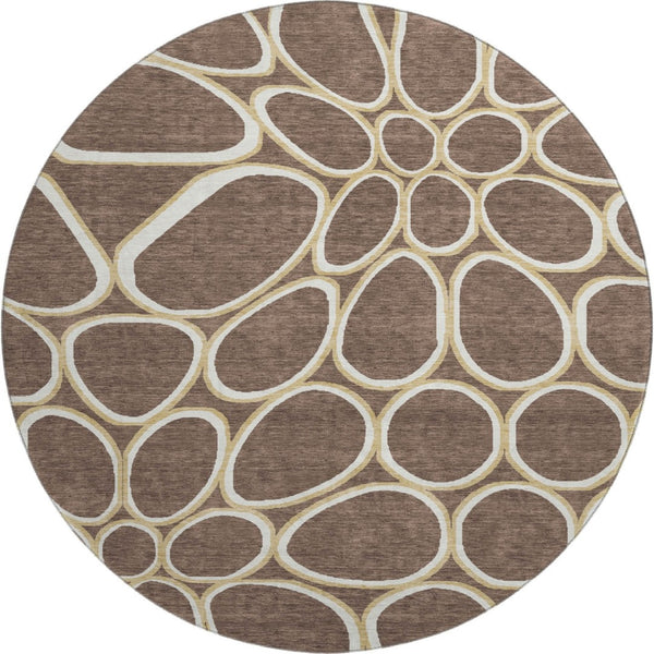 HomeRoots 8' Brown Ivory Gold Geometric Round Rug - Washable, Durable, UV Protected for High-Traffic Areas 681674