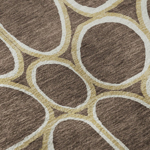 HomeRoots 8' Brown Ivory Gold Geometric Round Rug - Washable, Durable, UV Protected for High-Traffic Areas 681674