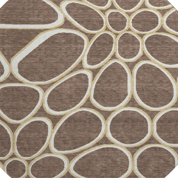 HomeRoots 8' Brown Ivory Gold Geometric Round Rug - Washable, Durable, UV Protected for High-Traffic Areas 681674