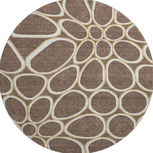 HomeRoots 8' Brown Ivory Gold Geometric Round Rug - Washable, Durable, UV Protected for High-Traffic Areas 681674
