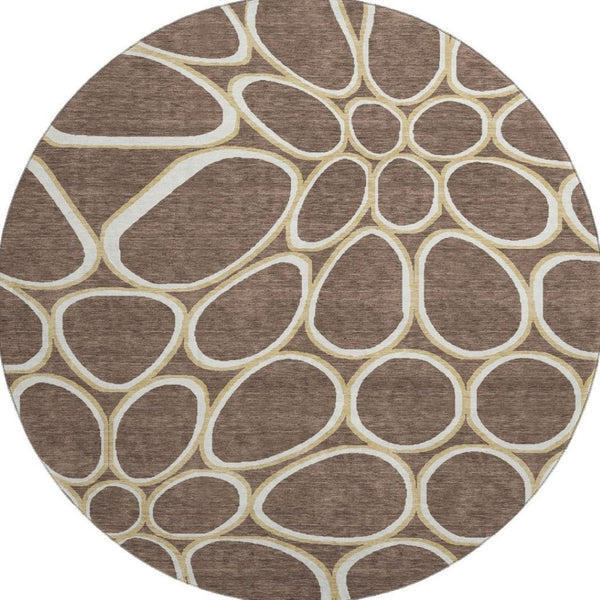 HomeRoots 8' Brown Ivory Gold Geometric Round Rug - Washable, Durable, UV Protected for High-Traffic Areas 681674
