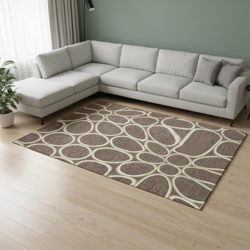 HomeRoots 9' X 12' Elegant Brown Ivory Gold Geometric Washable Area Rug with UV Protection for Busy Homes 681676