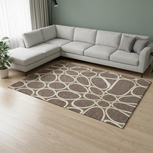 HomeRoots 9' X 12' Elegant Brown Ivory Gold Geometric Washable Area Rug with UV Protection for Busy Homes 681676