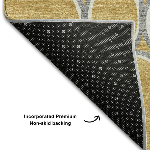 HomeRoots 5' X 8' Washable Geometric Area Rug in Gold, Ivory & Gray - Stain Resistant with UV Protection 681679