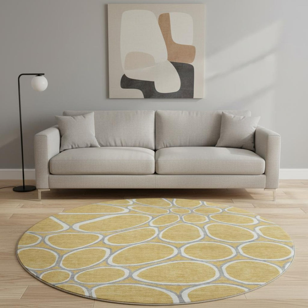 HomeRoots 8' Modern Gold Ivory Gray Geometric Round Rug - Washable, Stain Resistant & UV Protected for Elegance 681680