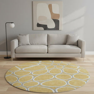 HomeRoots 8' Modern Gold Ivory Gray Geometric Round Rug - Washable, Stain Resistant & UV Protected for Elegance 681680