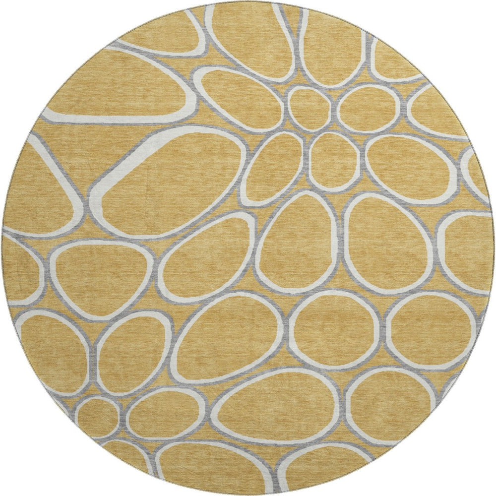HomeRoots 8' Modern Gold Ivory Gray Geometric Round Rug - Washable, Stain Resistant & UV Protected for Elegance 681680