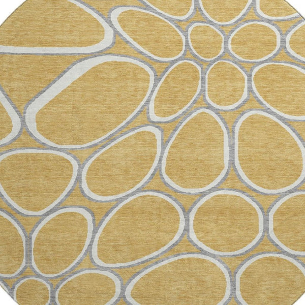 HomeRoots 8' Modern Gold Ivory Gray Geometric Round Rug - Washable, Stain Resistant & UV Protected for Elegance 681680