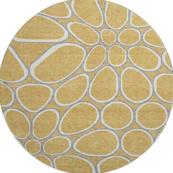 HomeRoots 8' Modern Gold Ivory Gray Geometric Round Rug - Washable, Stain Resistant & UV Protected for Elegance 681680