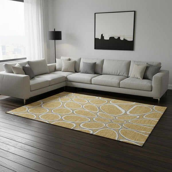 HomeRoots 8' X 10' Gold Ivory Gray Geometric Area Rug - Washable, UV Protected, Durable for Active Homes 681681