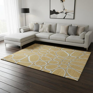 HomeRoots 9' X 12' Geometric Gold Ivory Gray Area Rug - Washable, UV-Protected, Stain-Resistant & Durable Design 681682