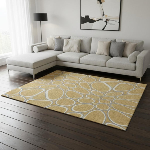 HomeRoots 9' X 12' Geometric Gold Ivory Gray Area Rug - Washable, UV-Protected, Stain-Resistant & Durable Design 681682