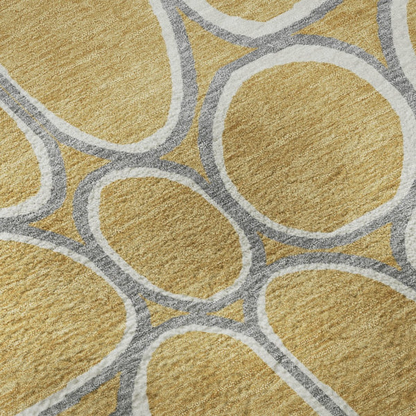 HomeRoots 9' X 12' Geometric Gold Ivory Gray Area Rug - Washable, UV-Protected, Stain-Resistant & Durable Design 681682