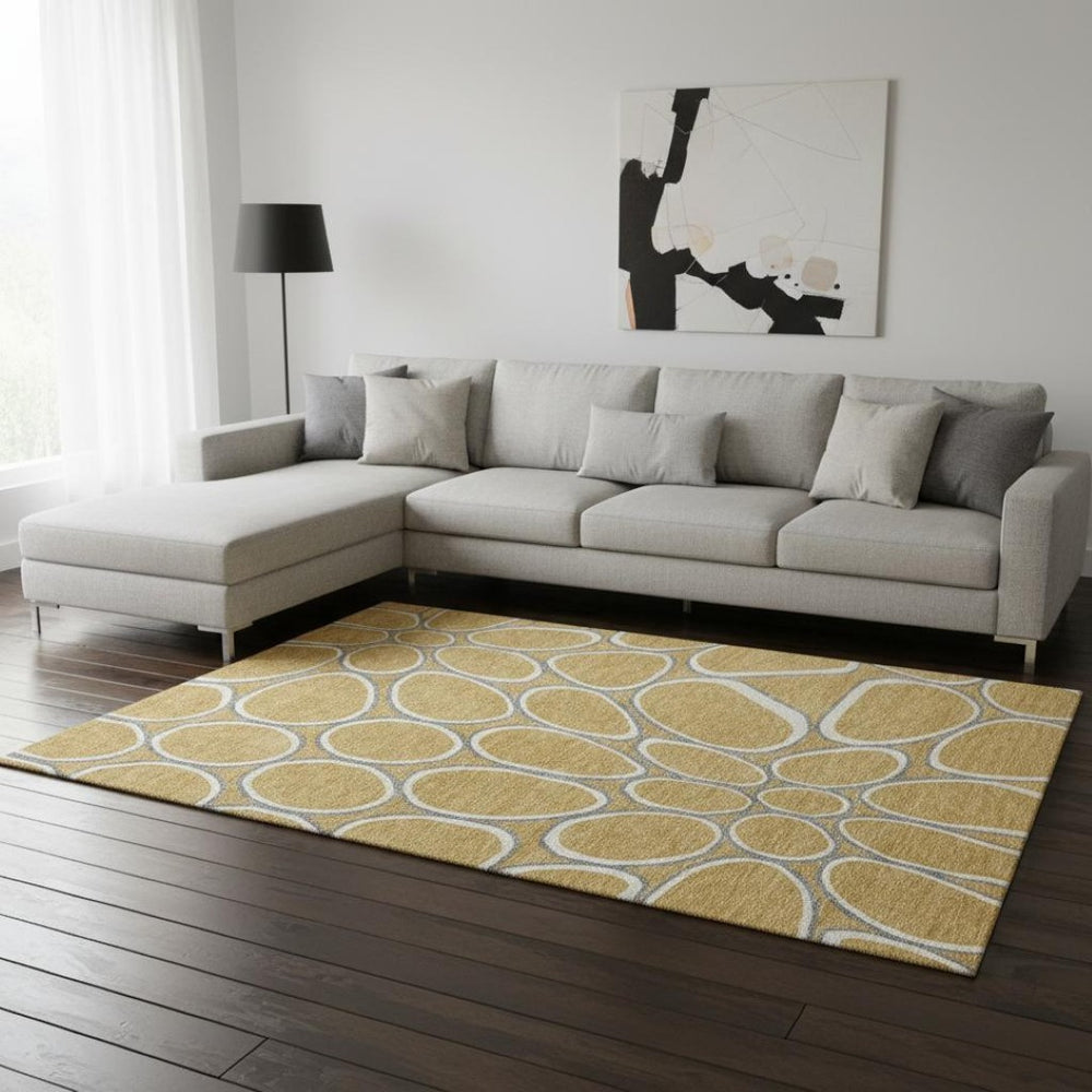 HomeRoots 10' X 14' Gold Ivory Gray Geometric Washable Area Rug with UV Protection for Modern Living Spaces 681683