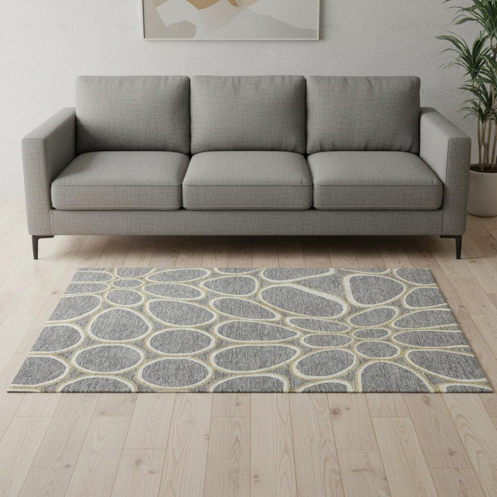 HomeRoots 5' X 8' Gray Ivory and Gold Geometric Area Rug – Washable, UV Protected, Stylish for Any Space! 681685