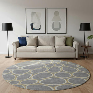 HomeRoots 8' Gray, Ivory & Gold Geometric Washable Round Rug - Durable, UV Protected & Stain Resistant Design 681686
