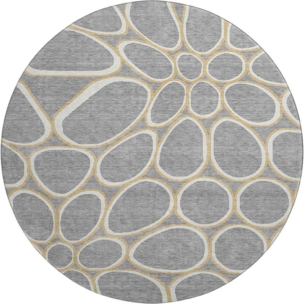 HomeRoots 8' Gray, Ivory & Gold Geometric Washable Round Rug - Durable, UV Protected & Stain Resistant Design 681686