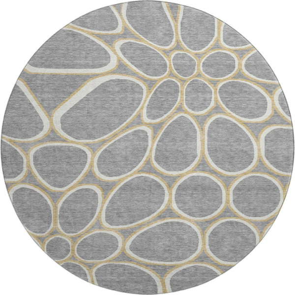 HomeRoots 8' Gray, Ivory & Gold Geometric Washable Round Rug - Durable, UV Protected & Stain Resistant Design 681686