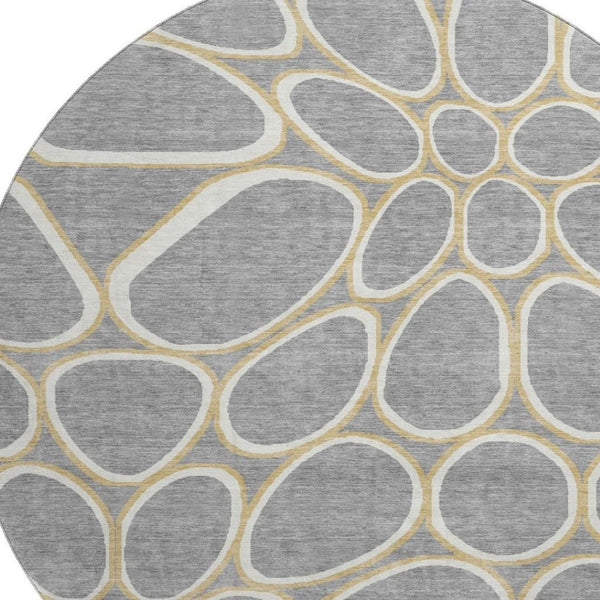 HomeRoots 8' Gray, Ivory & Gold Geometric Washable Round Rug - Durable, UV Protected & Stain Resistant Design 681686