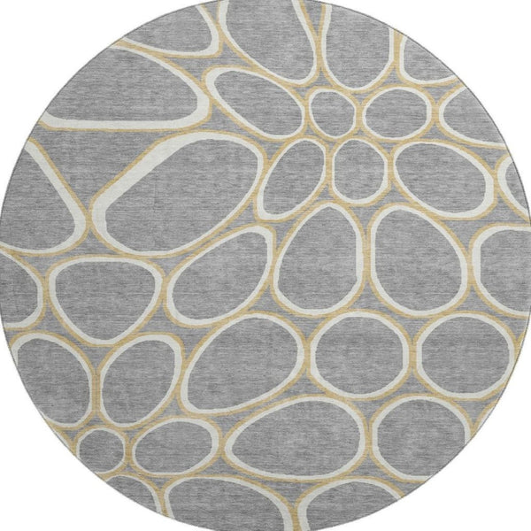 HomeRoots 8' Gray, Ivory & Gold Geometric Washable Round Rug - Durable, UV Protected & Stain Resistant Design 681686