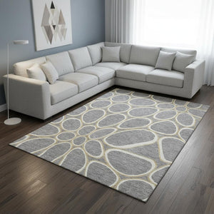 HomeRoots 8' X 10' Modern Gray Ivory Gold Geometric Washable Area Rug – Stylish, Durable, UV Protected Design 681687
