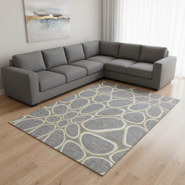 HomeRoots 9' X 12' Gray Ivory Gold Geometric Washable Area Rug – Stylish, Durable, UV-Protected for All Spaces 681688