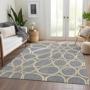 HomeRoots 9' X 12' Gray Ivory Gold Geometric Washable Area Rug – Stylish, Durable, UV-Protected for All Spaces 681688