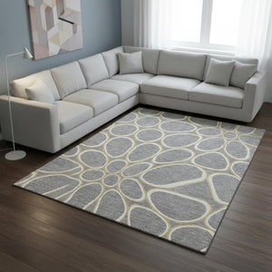 HomeRoots 10' X 14' Gray Ivory Gold Geometric Washable Area Rug with UV Protection for Modern Living Spaces 681689