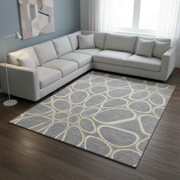 HomeRoots 10' X 14' Gray Ivory Gold Geometric Washable Area Rug with UV Protection for Modern Living Spaces 681689