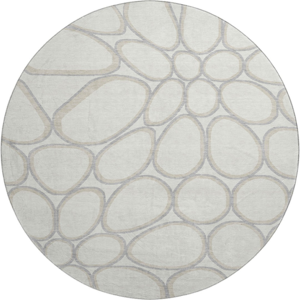 HomeRoots 8' Ivory Beige and Gray Geometric Washable Round Rug - Stylish, Durable, UV Protected for Modern Homes 681692