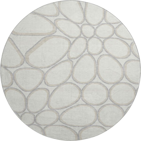 HomeRoots 8' Ivory Beige and Gray Geometric Washable Round Rug - Stylish, Durable, UV Protected for Modern Homes 681692