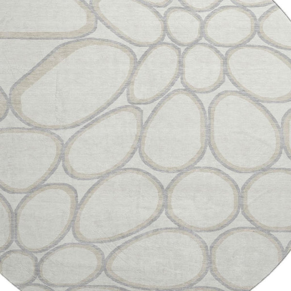 HomeRoots 8' Ivory Beige and Gray Geometric Washable Round Rug - Stylish, Durable, UV Protected for Modern Homes 681692