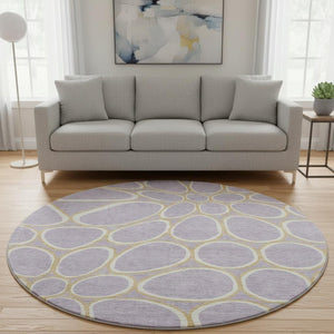 HomeRoots 8' Stylish Lavender Gold Ivory Geometric Washable Round Rug with UV Protection for Modern Homes 681698