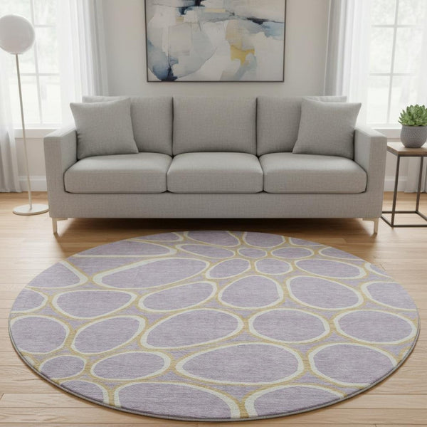 HomeRoots 8' Stylish Lavender Gold Ivory Geometric Washable Round Rug with UV Protection for Modern Homes 681698