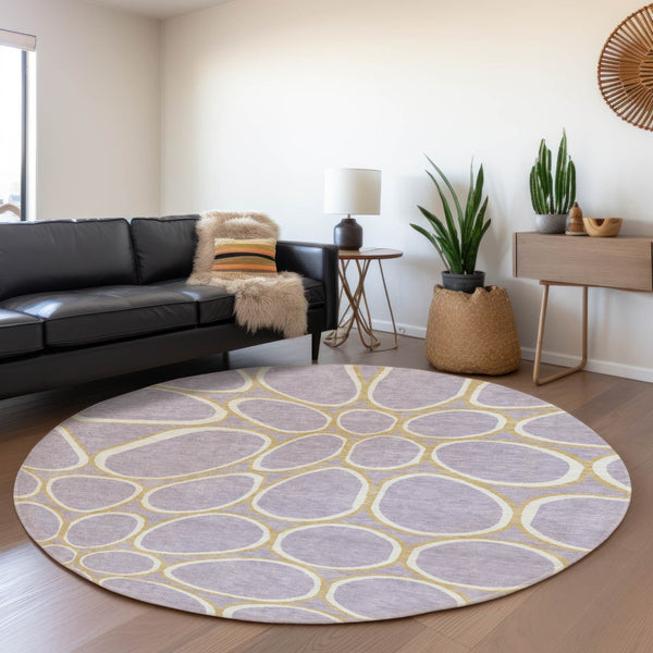 HomeRoots 8' Stylish Lavender Gold Ivory Geometric Washable Round Rug with UV Protection for Modern Homes 681698