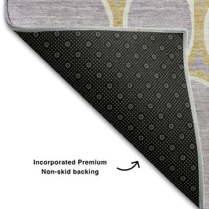 HomeRoots 8' Stylish Lavender Gold Ivory Geometric Washable Round Rug with UV Protection for Modern Homes 681698