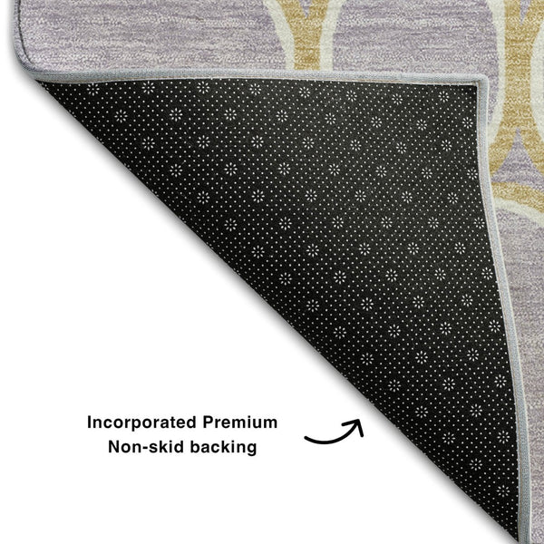 HomeRoots 8' Stylish Lavender Gold Ivory Geometric Washable Round Rug with UV Protection for Modern Homes 681698